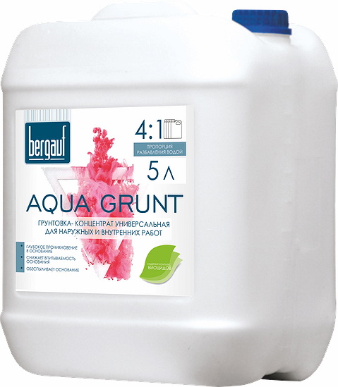 Бергауф AQUA GRUNT 5 л грунтовка-концентрат универсальная для наруж. работ и внутр. Бергауф AQUA GRUNT 5 л грунтовка-концентрат универсальная для наруж. работ и внутр.